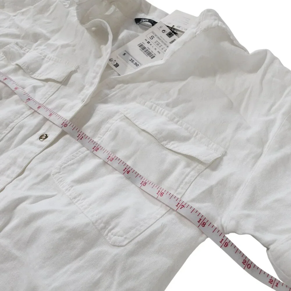 Zara White Button Down Short Sleeve Top SZ S Gold Buttons Front Pockets - Picture 10 of 11